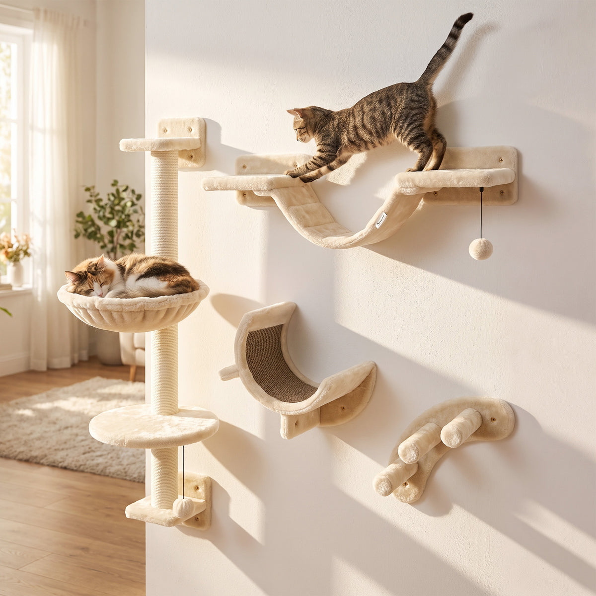 PawHut 4-Piece Cat Wall Furniture Set | Hammock | Soft Ladder Platform | 3-Step Curved Ladder | Plush-Covered | Adjustable Layout | Sisal Scratch Surface | Under 5kg | Indoor | Beige