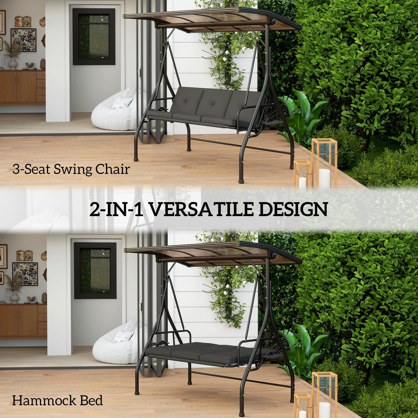 3 Seater Garden Swing Seat Chair Bed with UPF30+ Adjustable Canopy, Convertible W/ Cushion, Outdoor Hammock Bench W/ Cup Trays