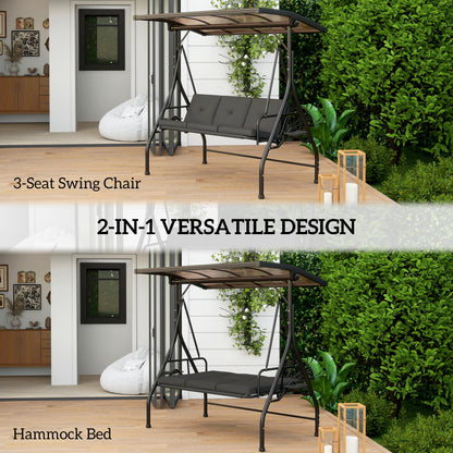 3 Seater Garden Swing Seat Chair Bed with UPF30+ Adjustable Canopy, Convertible W/ Cushion, Outdoor Hammock Bench W/ Cup Trays