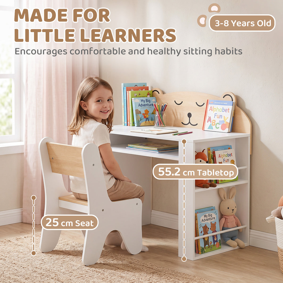 AIYAPLAY Kids Desk & Chair Set | White & Wood-Grain Bear Design | 80cm Tabletop, Side Bookshelves & Open Storage | Ages 3–8