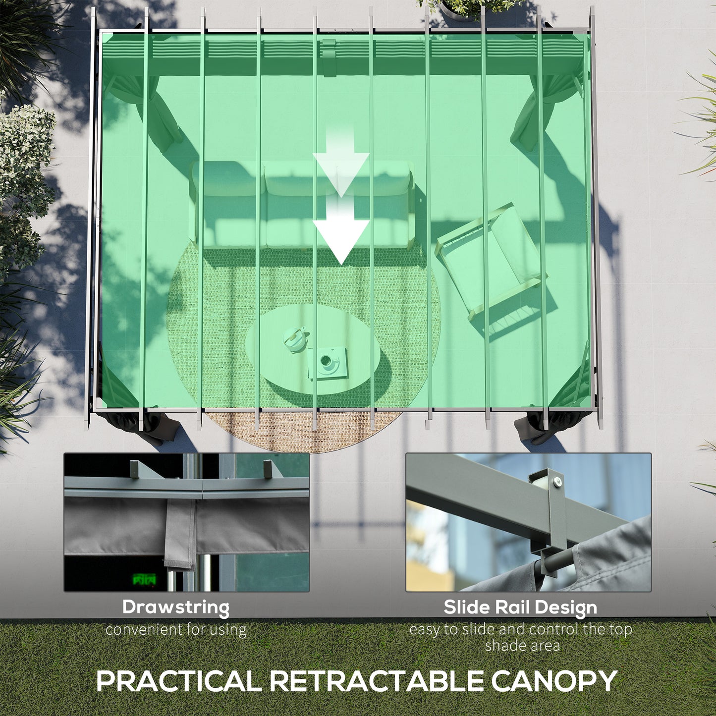 3.6x3m Aluminium Pergola | Retractable Sliding Canopy | Zip Curtains | 7.6cm Columns | Ground Stakes | Dark Grey