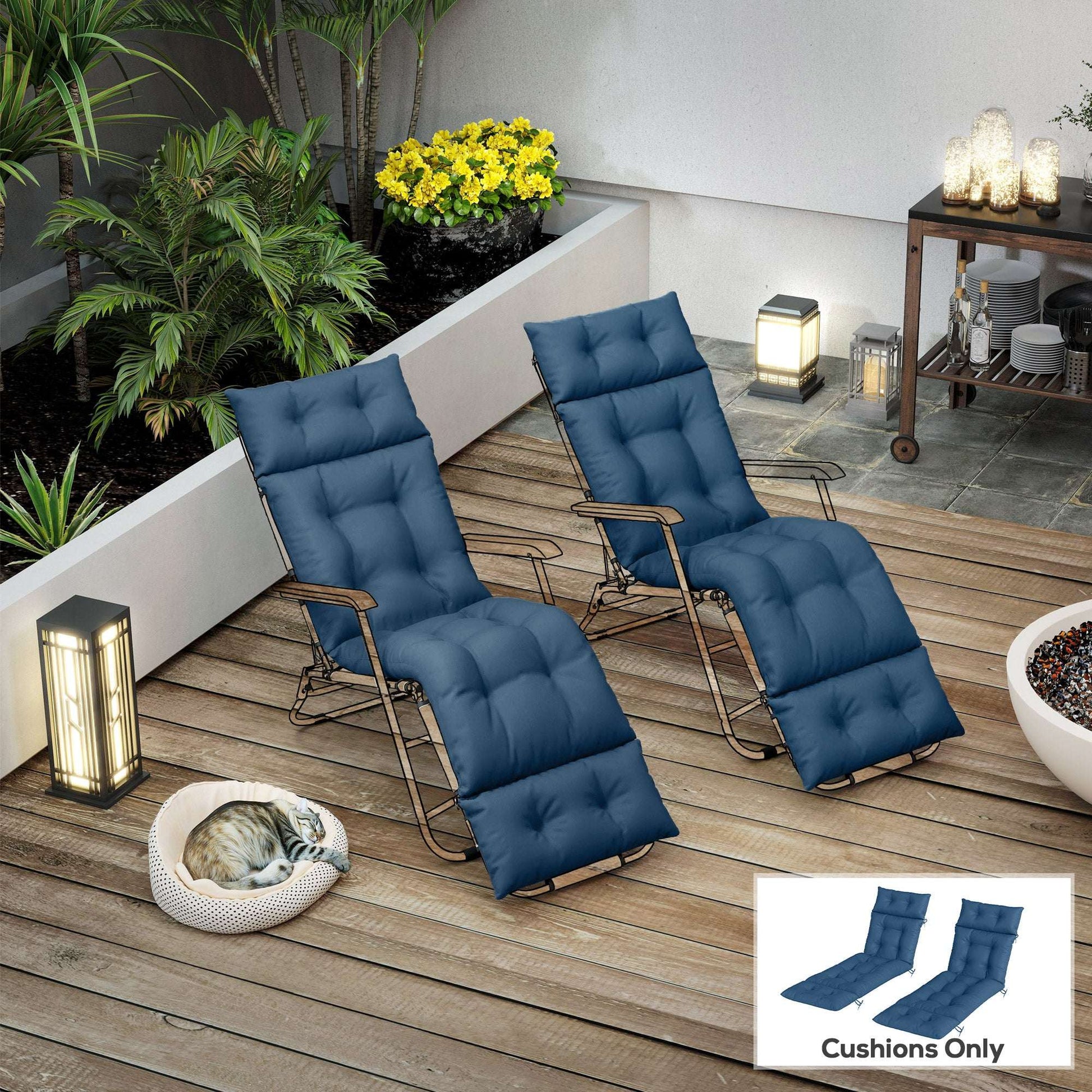 Set of 2 Sun Lounger Cushions | 190x56x10cm | High-Resilience PP Foam | UPF20+ | Fade & Splash Resistant | 220gsm Polyester | 6 Tie Fastenings | Navy Blue