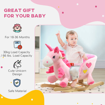 Kids Rocking Horse Ride on Unicorn with Songs, Wooden Base, Seat Belt, for 18-36 Months
