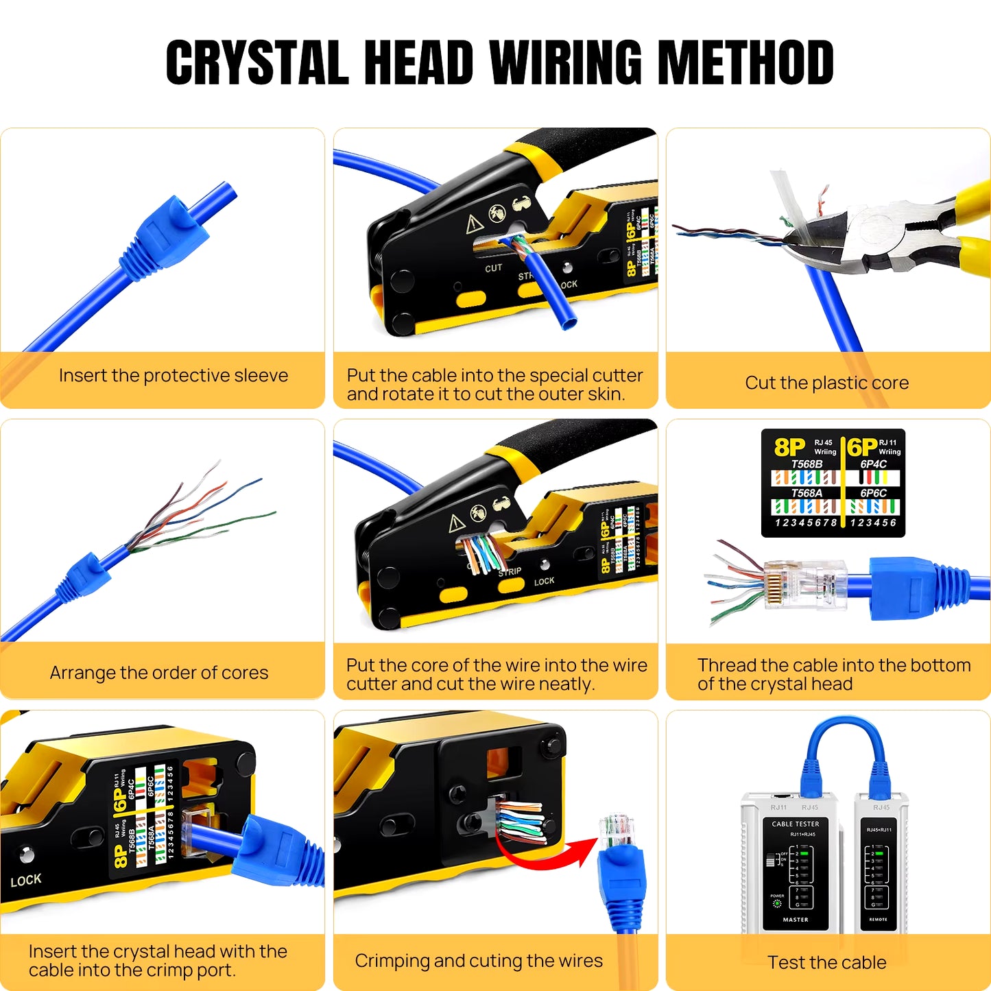 Pass through RJ45 Crimp Tool Kit Ethernet Crimper CAT5 Cat 5E Cat 6 Crimping Tool Kit 3 in 1 - Crimp Cutting Peeling