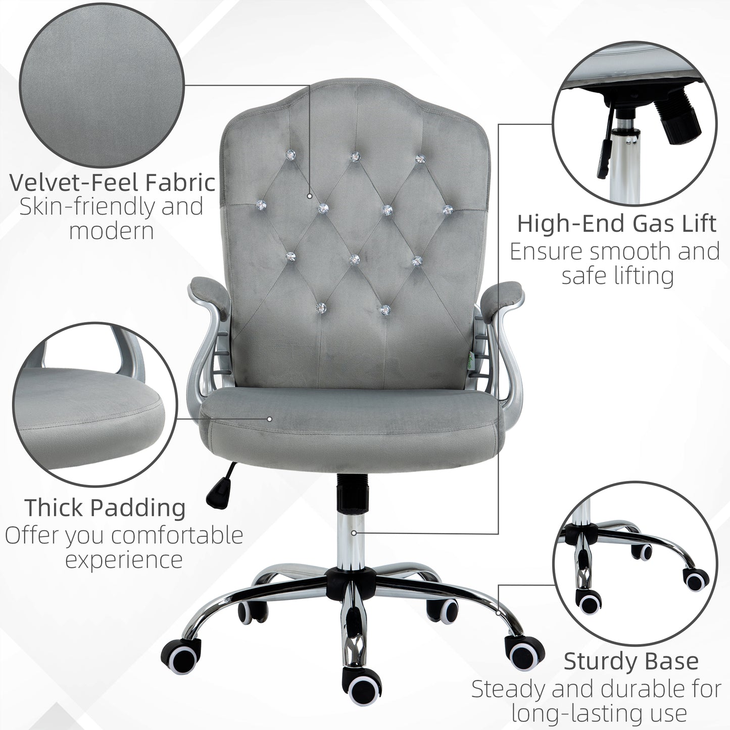 Glamour Velvet-Feel Office Chair | Diamante Back | Thick Padding | Adjustable Tilt | Armrests | 5 Wheels | Height Adjustable 47-57cm | 120kg | Grey