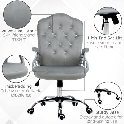 Glamour Velvet-Feel Office Chair | Diamante Back | Thick Padding | Adjustable Tilt | Armrests | 5 Wheels | Height Adjustable 47-57cm | 120kg | Grey
