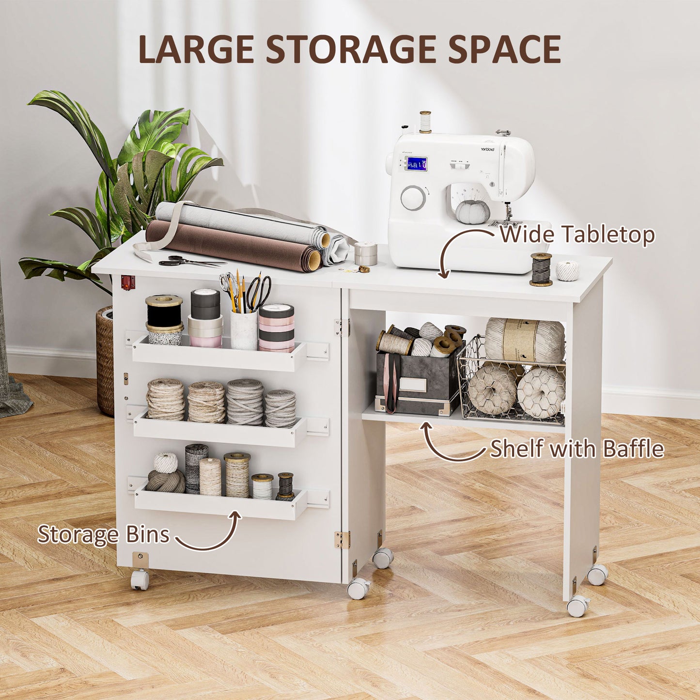 Folding Sewing Table, Drop Leaf Craft Table with Storage Bins, Open Shelf and Wheels, Rolling Sewing Machine Cabinet for Small Space
