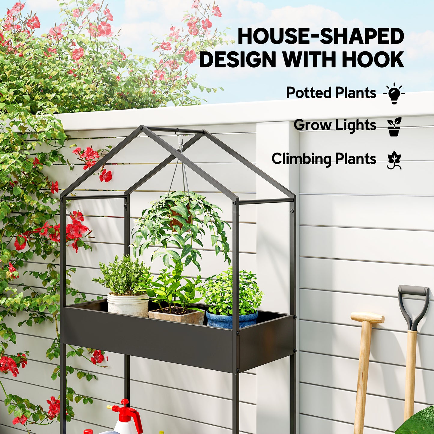 2-Tier House-Shaped Plant Stand with Top Hook | Powder-Coated Metal | 13cm Raised Edges | Adjustable Levelling Feet | 40kg per Tier | 80kg Total | 75x35x150cm | Indoor & Outdoor | Black