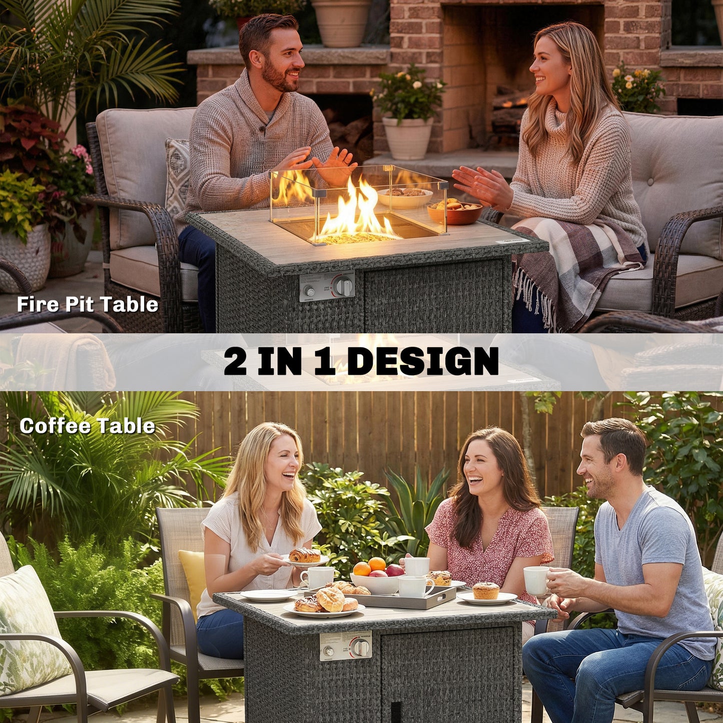 Rattan Gas Fire Pit Dining Table | 50,000 BTU 14.5KW Smokeless Burner | Adjustable Flame | Glass Wind Guard & Spark Mesh | Rain Cover | Lava Rocks | Lid | 71x71x62cm | Dark Grey