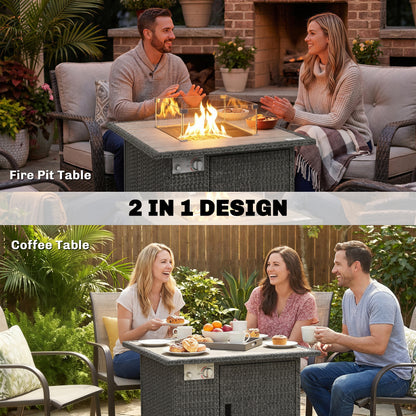 Rattan Gas Fire Pit Dining Table | 50,000 BTU 14.5KW Smokeless Burner | Adjustable Flame | Glass Wind Guard & Spark Mesh | Rain Cover | Lava Rocks | Lid | 71x71x62cm | Dark Grey