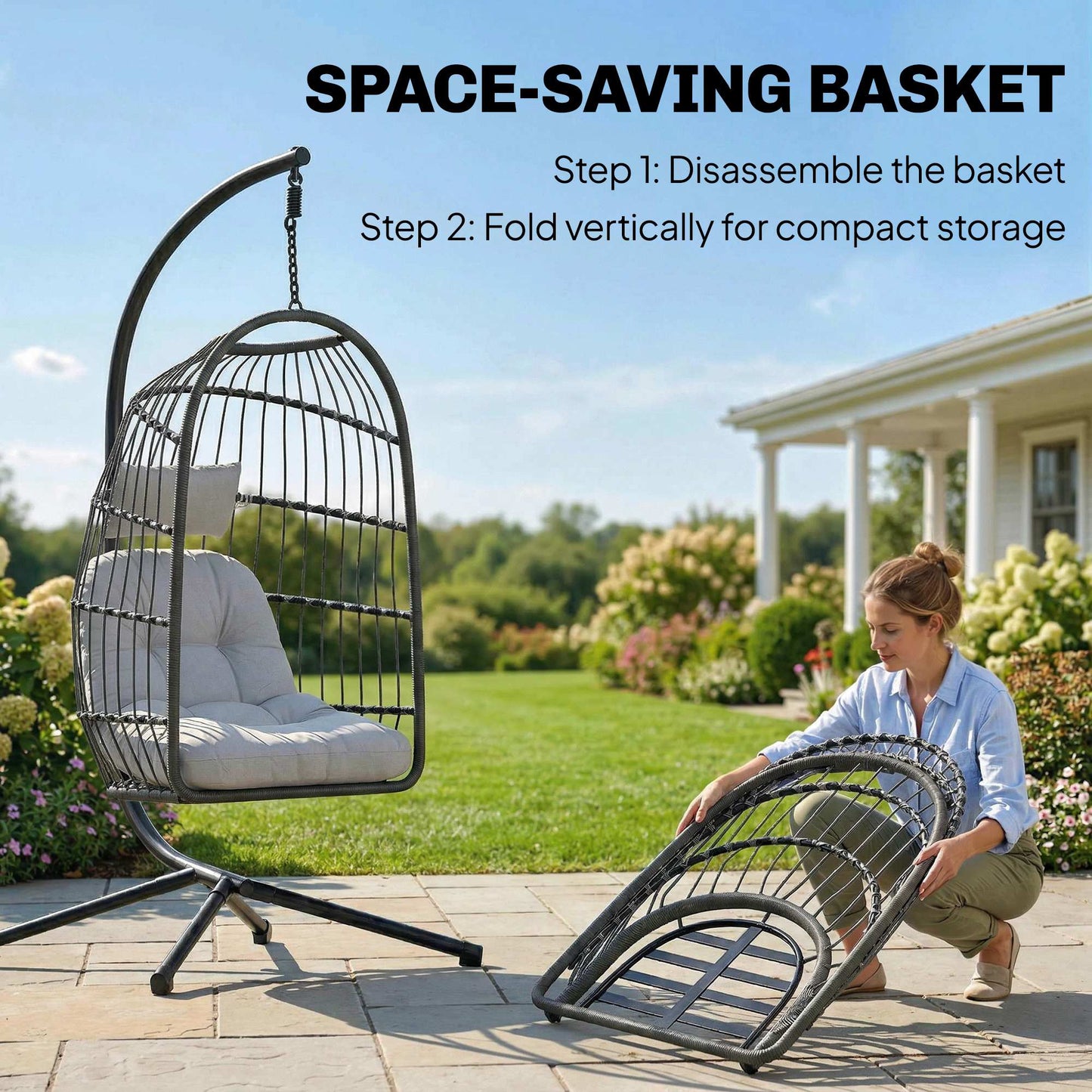 Hanging Egg Chair with Stand | 15cm Cushion | Foldable Basket | Safety Strap | Dark/Light Grey
