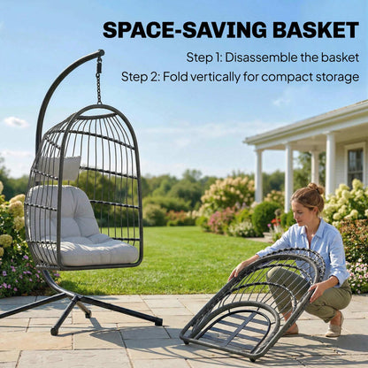 Hanging Egg Chair with Stand | 15cm Cushion | Foldable Basket | Safety Strap | Dark/Light Grey
