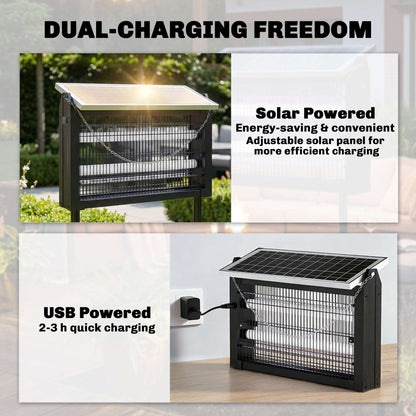 Solar Bug Zapper Outdoor | 3500V Electric Grid | UVA LED | Dusk-to-Dawn Auto | Solar & USB Charging | 80-100m² Coverage | Stake, Hang or Table | 4.3m Cord | 45x18x90cm | Black