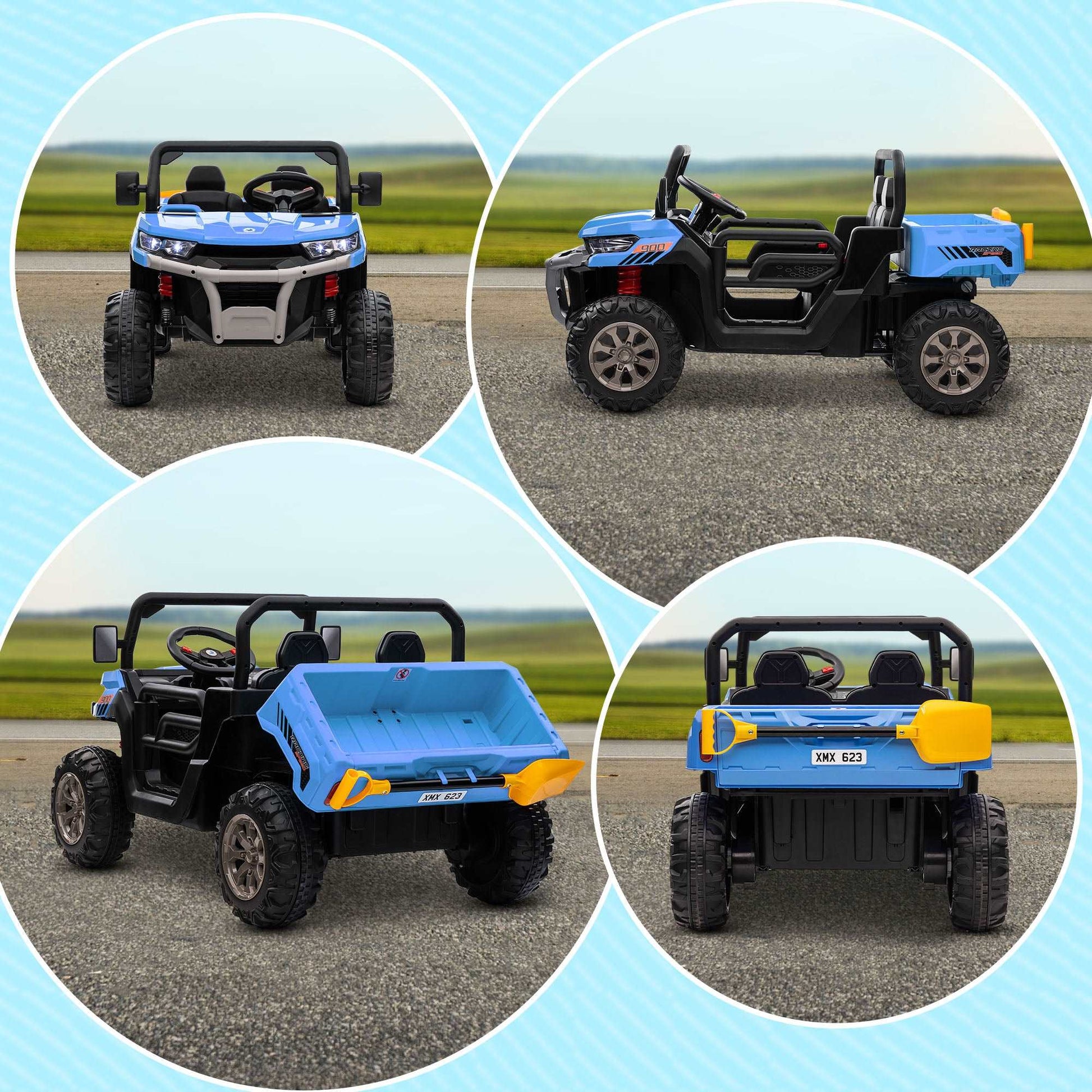 12V Two-Seater Kids Electric Ride-On Car, with Electric Bucket, Remote Control - Blue