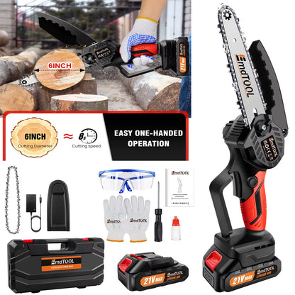 Mini Chainsaw 6 Inch Cordless, 21V Battery 5000W Chain Saw for Branch Pruning with 3Ah Battery & 2 Chains for Wood Cutting