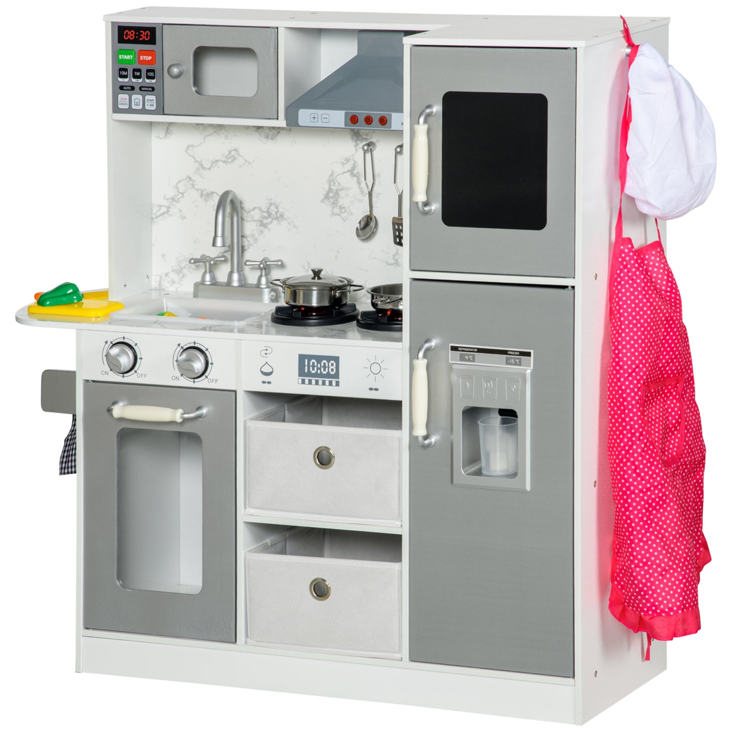 Toy Kitchen with Lights, Sounds, Apron and Chef Hat, Ice Maker, Microwave, for Ages 3-6 Years - White