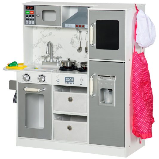 Toy Kitchen with Lights, Sounds, Apron and Chef Hat, Ice Maker, Microwave, for Ages 3-6 Years - White