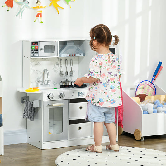 Toy Kitchen with Lights, Sounds, Apron and Chef Hat, Ice Maker, Microwave, for Ages 3-6 Years - White