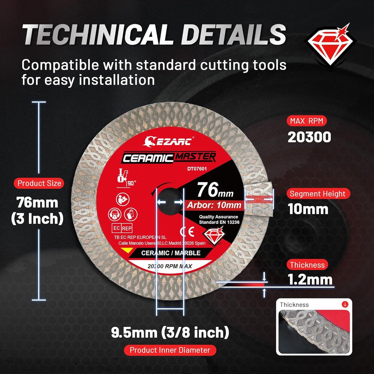 EZARC 76mm Diamond Cutting Disc Super Thin Diamond Saw Blades for Angle Grinder for Cutting Porcelain Granite Marble Tile Ceramic