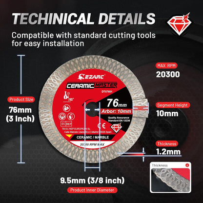 EZARC 76mm Diamond Cutting Disc Super Thin Diamond Saw Blades for Angle Grinder for Cutting Porcelain Granite Marble Tile Ceramic