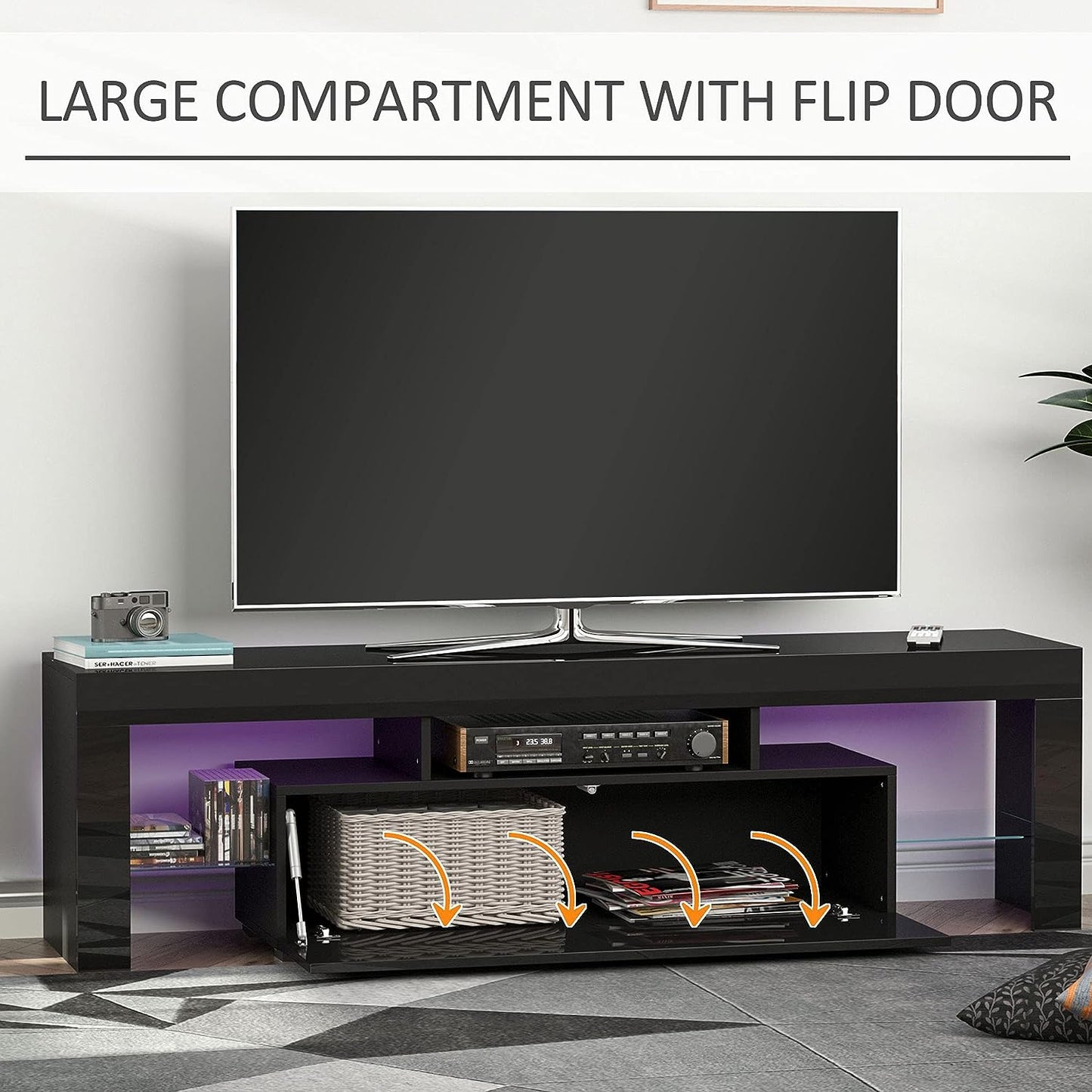 High Gloss TV Stand Cabinet with LED RGB Lights and Remote Control for 43"/50"/55" TV, Media TV Console Table with Storage Drawer and Shelf