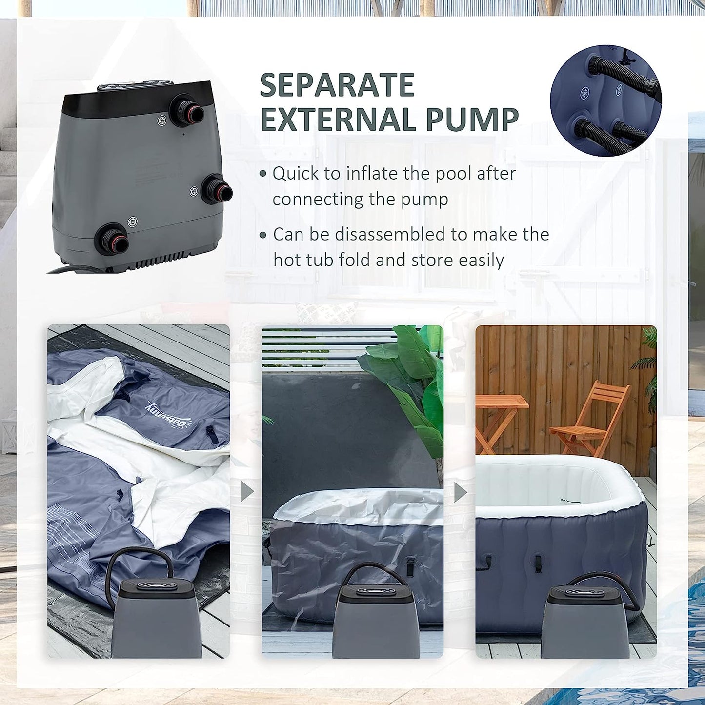 Square Hot Tub Inflatable Spa Outdoor Bubble Spa Pool with Pump, Cover, Filter Cartridges, 4-6 Person, Dark Blue