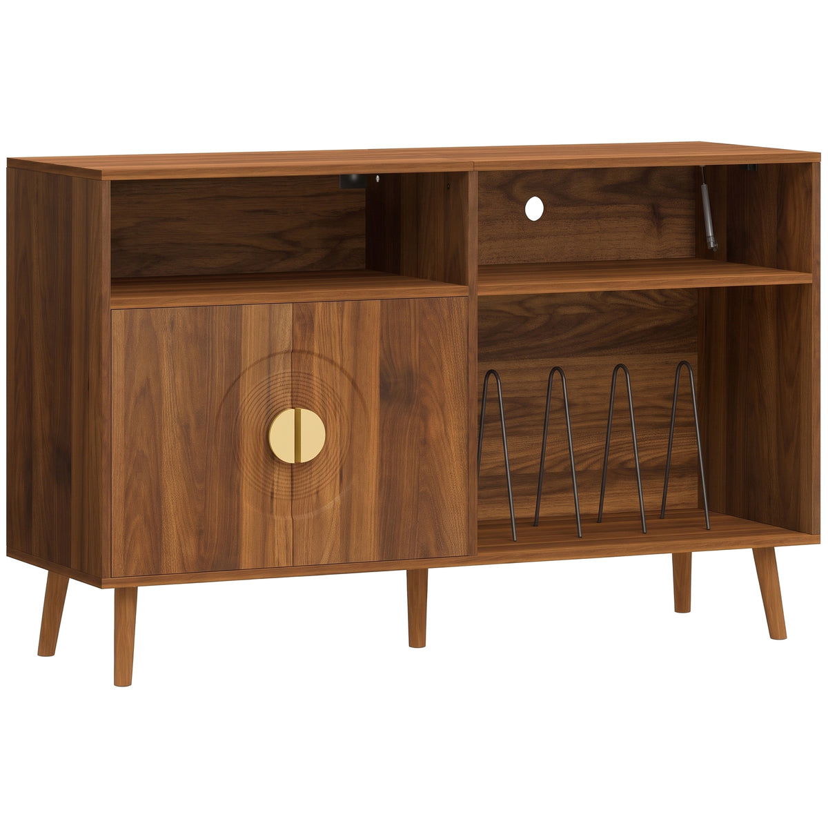 Record Player Stand with Vinyl Storage for 300 Albums | 5 Record Slots | Flip-Top Compartment | Double-Door Cabinet | Cable Hole | Pine Legs | Melamine Finish | 120x40x76cm | Walnut Brown or Black