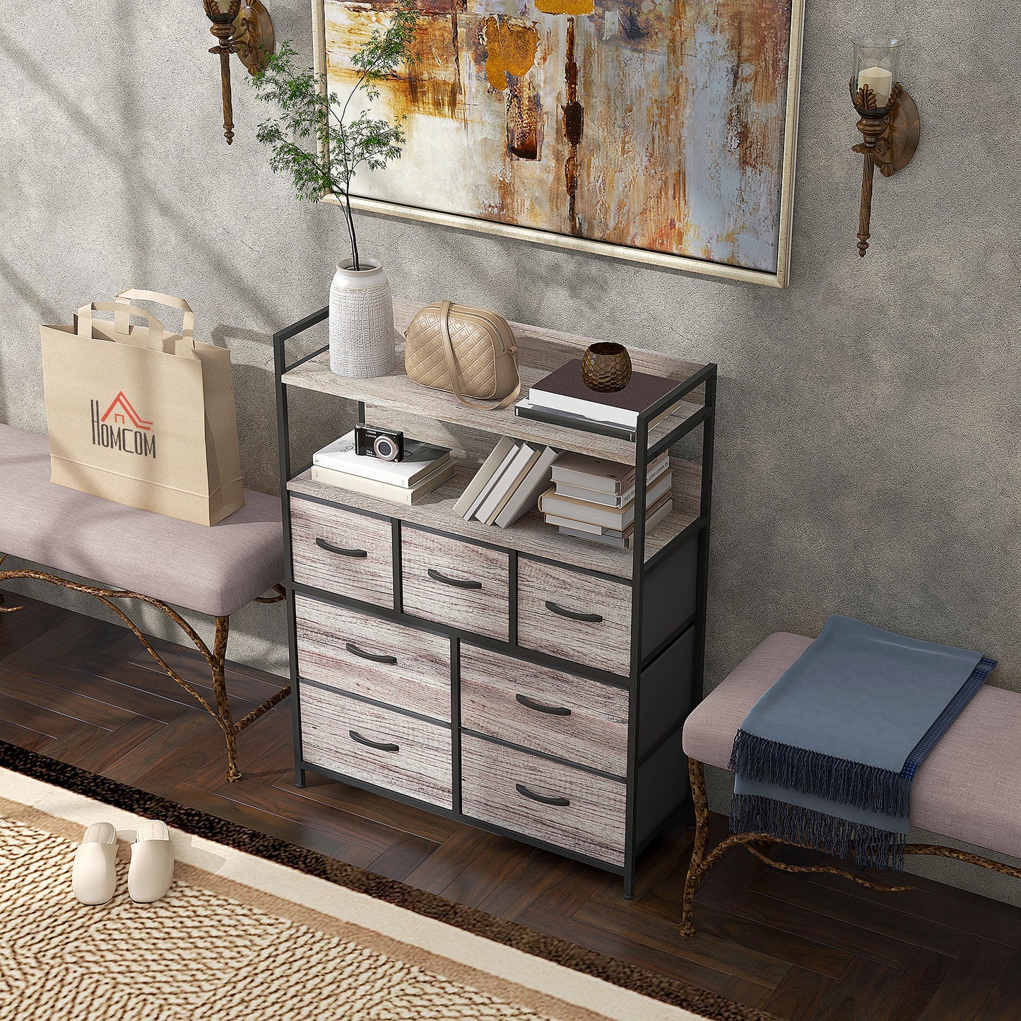 Retro Style Rustic Chest of Seven Fabric Drawers - Grey Wood Effect