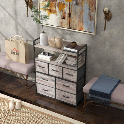 Retro Style Rustic Chest of Seven Fabric Drawers - Grey Wood Effect