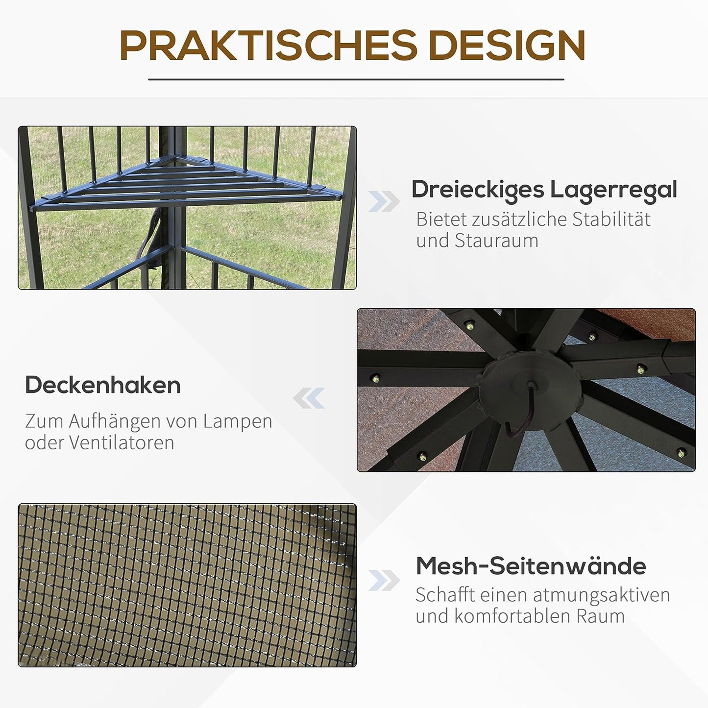 Gazebo Garden Outdoor Canopy Double Tier Roof with Mesh Curtains Display Shelves Coffee 3 x 3(m)