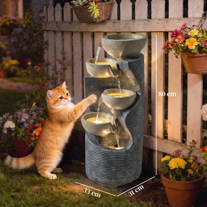 5-Tier Artisan Stone-Finish Resin Waterfall Fountain | LED Lights | Adjustable Flow | 22-25L | UK Plug | 230V | 3m Cable | 33x31x80cm | Indoor & Outdoor | Garden & Patio | Mixed Colour