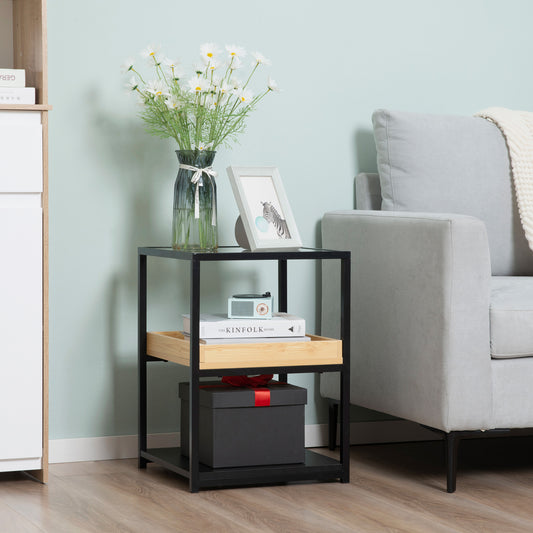 Glass Top Side Table, 3-Tier End Table With Storage Shelves, Nightstand With Steel Frame For Bedroom