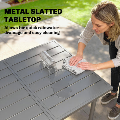 6-Seater Rectangular Garden Dining Table | Slatted Metal Top | Quick Drain | Powder-Coated Steel Frame | Foot Pads | 70kg Capacity | 165x80x74cm | Dark Grey