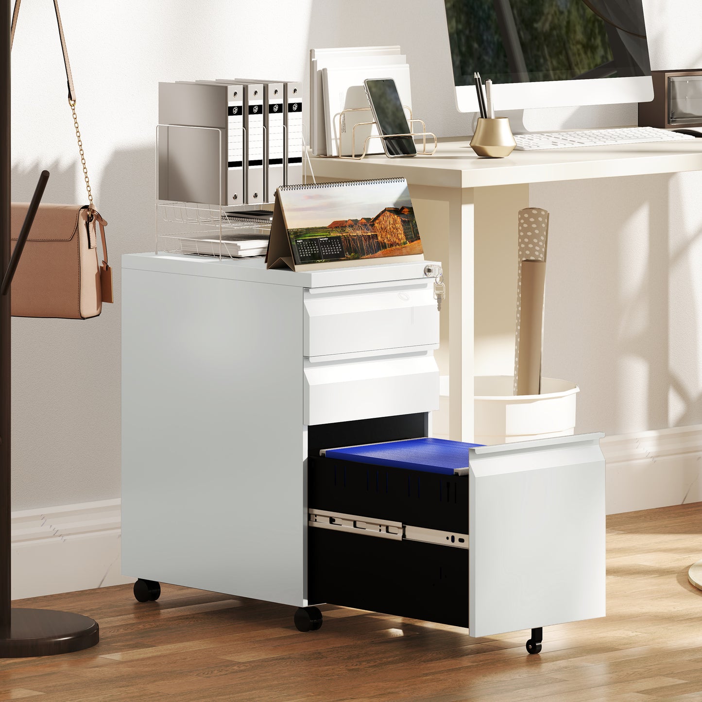3 Drawer Slim Mobile Steel Filing Cabinet | Under Desk | 30x43.5x60cm | Lockable | A4 Legal Letter | Pencil Tray | 5 Casters Anti-Tip | Printer Stand | 30kg | White