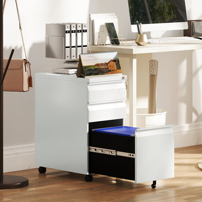 3 Drawer Slim Mobile Steel Filing Cabinet | Under Desk | 30x43.5x60cm | Lockable | A4 Legal Letter | Pencil Tray | 5 Casters Anti-Tip | Printer Stand | 30kg | White