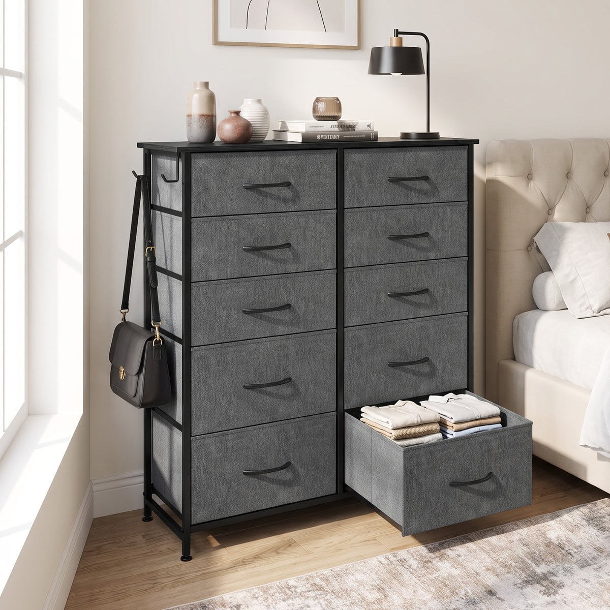 Chest of 10 Fabric Drawers | Grey & Black | Non-Woven Fabric Steel Particle Board | 80x30x94.5cm | 4 Side Pockets | 2 Hooks | X-Bar Frame | Adjustable Feet | Anti-Tip | 35kg