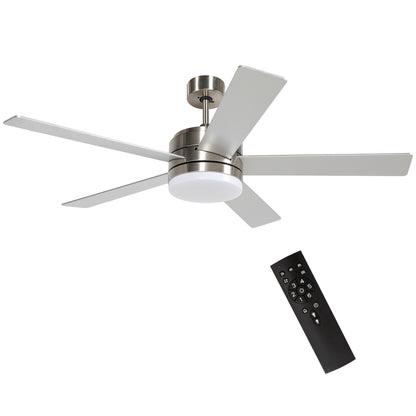 Ceiling Fan With Light, 132cm Flush Mount LED  With 5 Reversible Blades, Remote Control For Bedroom Living Room, Silver and Beech Wood-effect