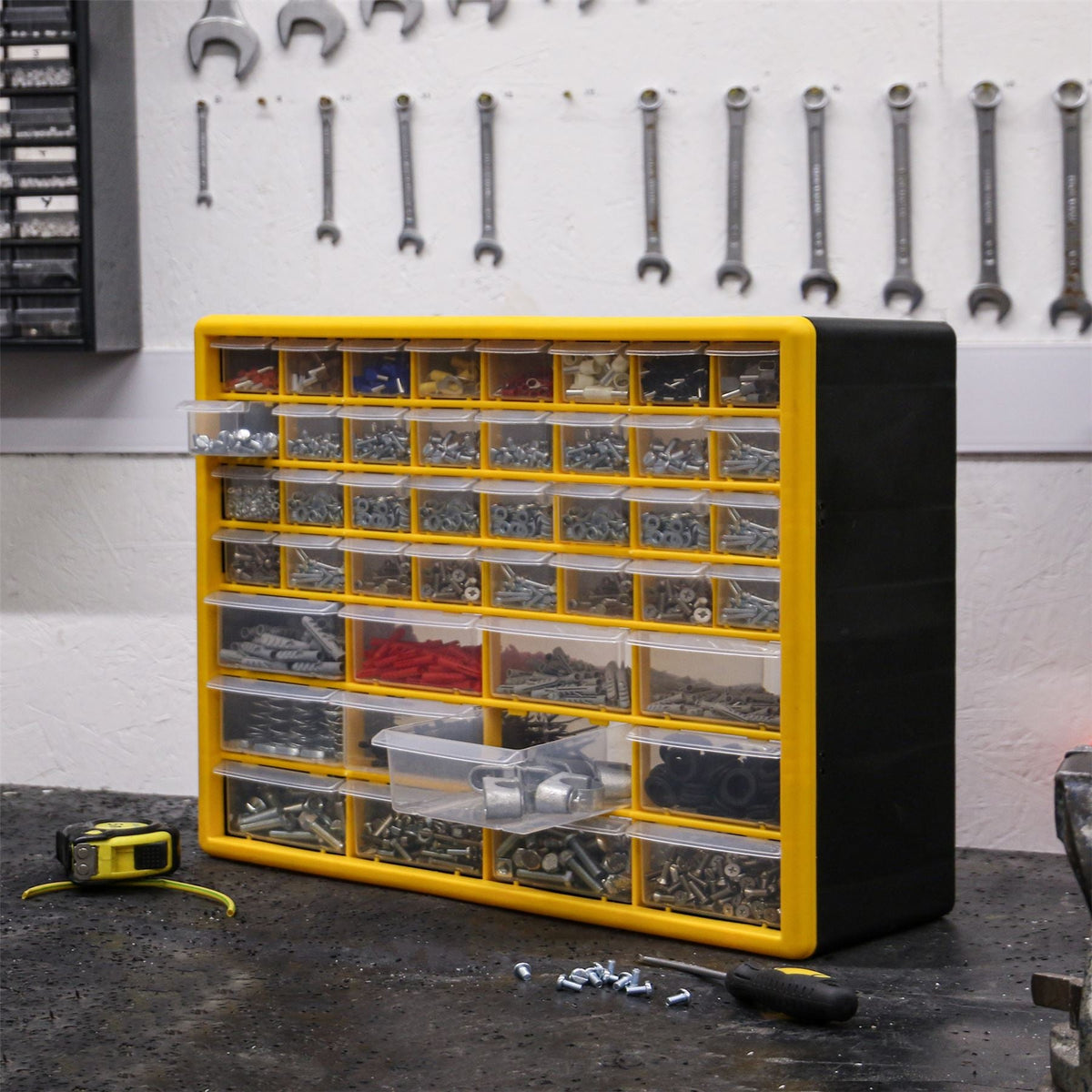 Pukkr 44 Drawer Storage Cabinet | Yellow & Black Small Parts Organiser | Clear Drawers | Desktop or Wall Mounted