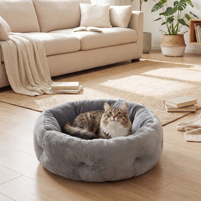 Round Pet Bed | Reversible Cooling & Plush Sides | High Bolster | 900g PP Cotton Fill | 62x62x21cm | Cats & Small Dogs | Dark Grey