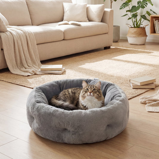 Round Pet Bed | Reversible Cooling & Plush Sides | High Bolster | 900g PP Cotton Fill | 62x62x21cm | Cats & Small Dogs | Dark Grey