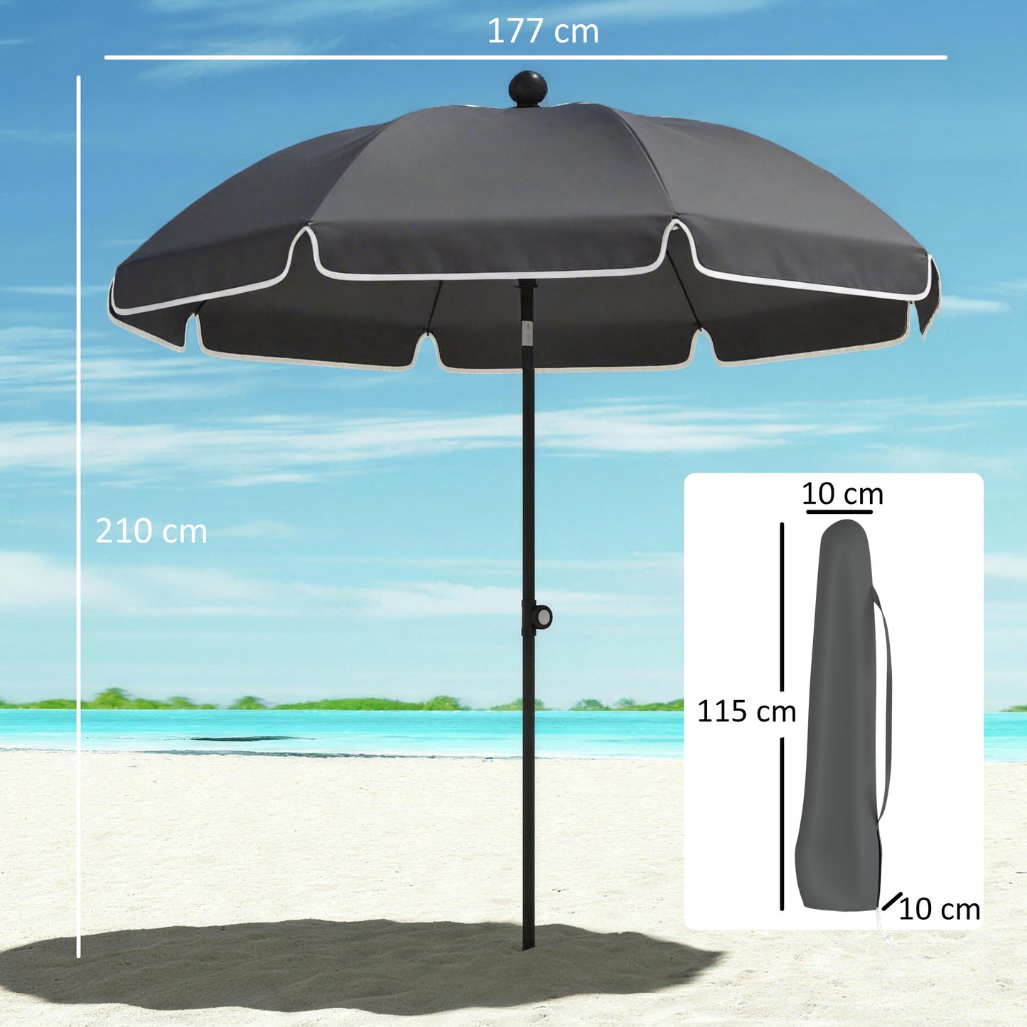 Beach Umbrella Parasol | 1.8m | 30° Tilt | UPF30+ | Adjustable 130-210cm | Sand Anchor | Carry Bag | Dark Grey