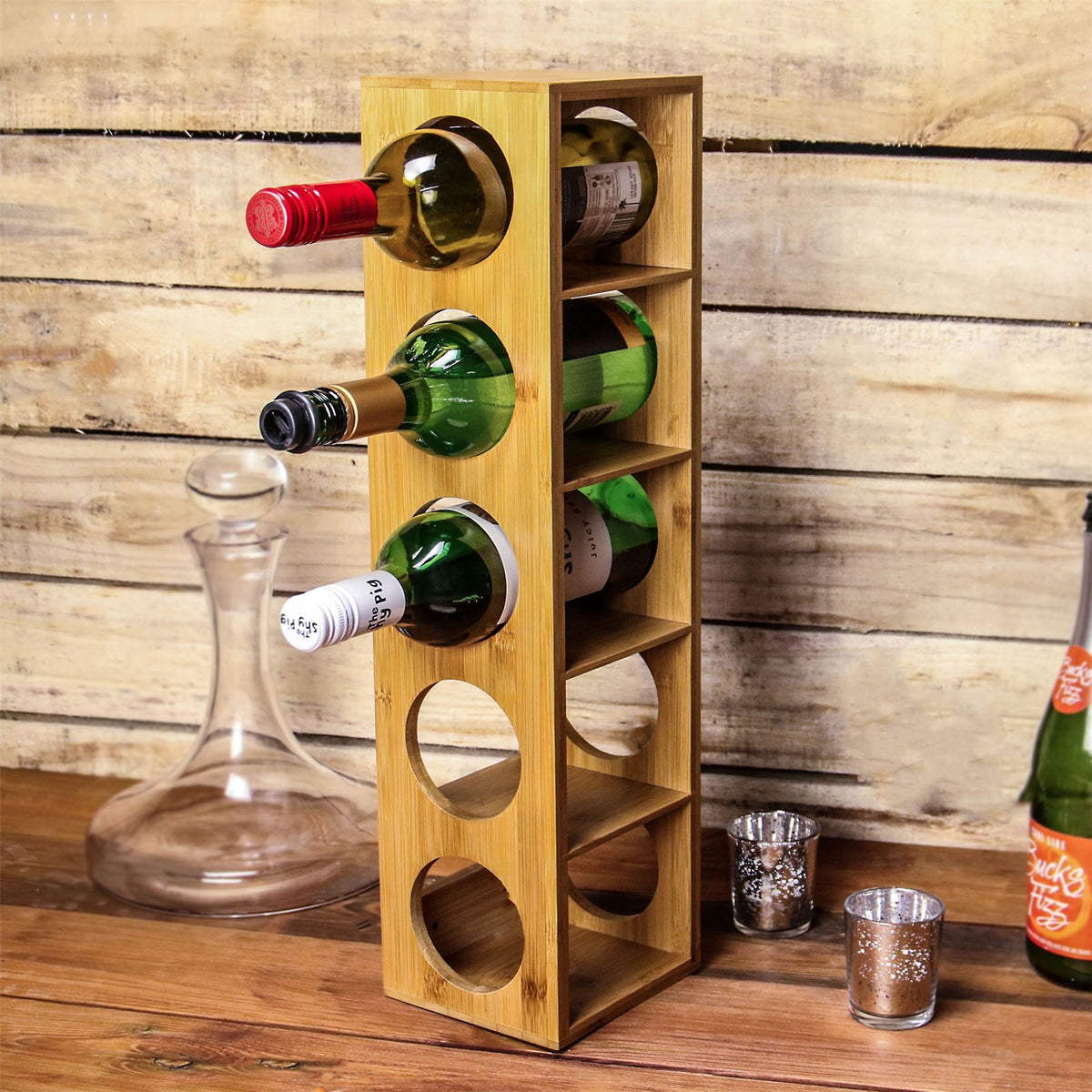 Maison & White Bamboo Wine Rack | 5 Bottle Holder | Wall Mounted or Freestanding | Vertical & Horizontal Storage | Natural Bamboo, 60cm