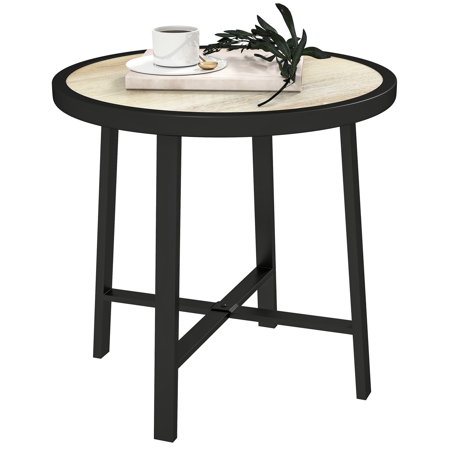 Round Garden Bistro Side Table | Dia 50.5x46cm | Waterproof SPC Top | Wood Grain Effect | Powder Coated Metal Frame | Anti-Slip Feet | 30kg | Natural Wood Finish