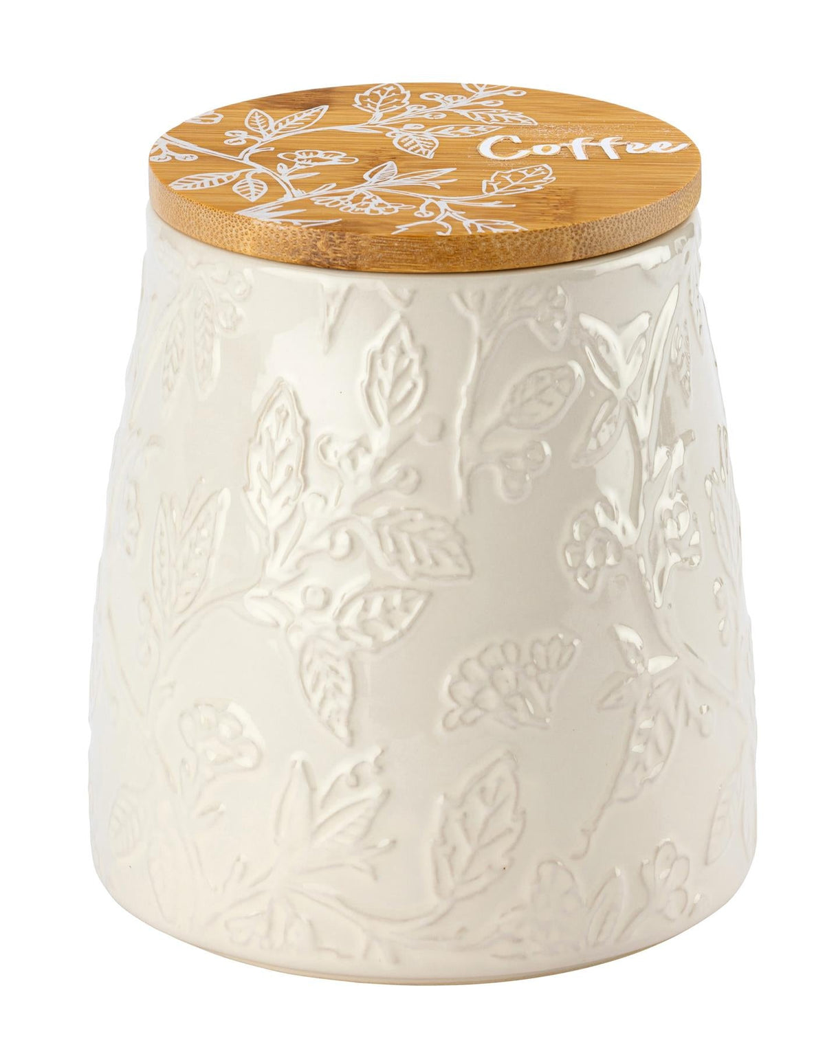 Maison & White Fieldview Farm Coffee Canister | Cream Embossed Botanical Design | Decorated Bamboo Lid | Kitchen Countertop Storage