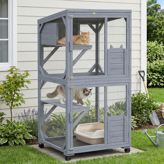 Movable Outdoor & Indoor Catio | 3 Jumping Platforms & Resting Box | Waterproof Asphalt Roof | 4 Swivel Casters 2 Lockable | Fir Wood | 4 Doors | Up to 2 Cats | 80x75.5x162.5cm | Dark Grey