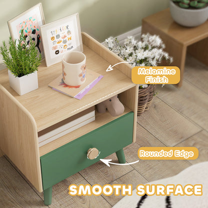 Kids Bedside Table with Drawer & Open Storage Shelf | Pine Legs | Wipe-Clean Melamine Surface | 40x32.5x40cm | Ages 3–10 | 5kg Capacity | MDF & Pine | Assembly Required | Green