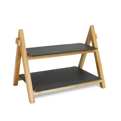 Maison & White 2 Tier Slate & Bamboo Food Stand | Foldable Frame | Removable Slate Platters | 32x42x25.5cm | 670g | Desserts Antipasti Entertaining | Assembly Required