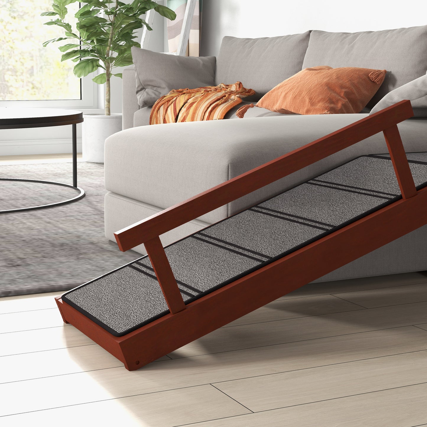 Wooden Dog & Cat Ramp | 3 Removable Guardrails | Non-Slip Carpet | 20° Gentle Slope | 125cm | 30kg | Brown