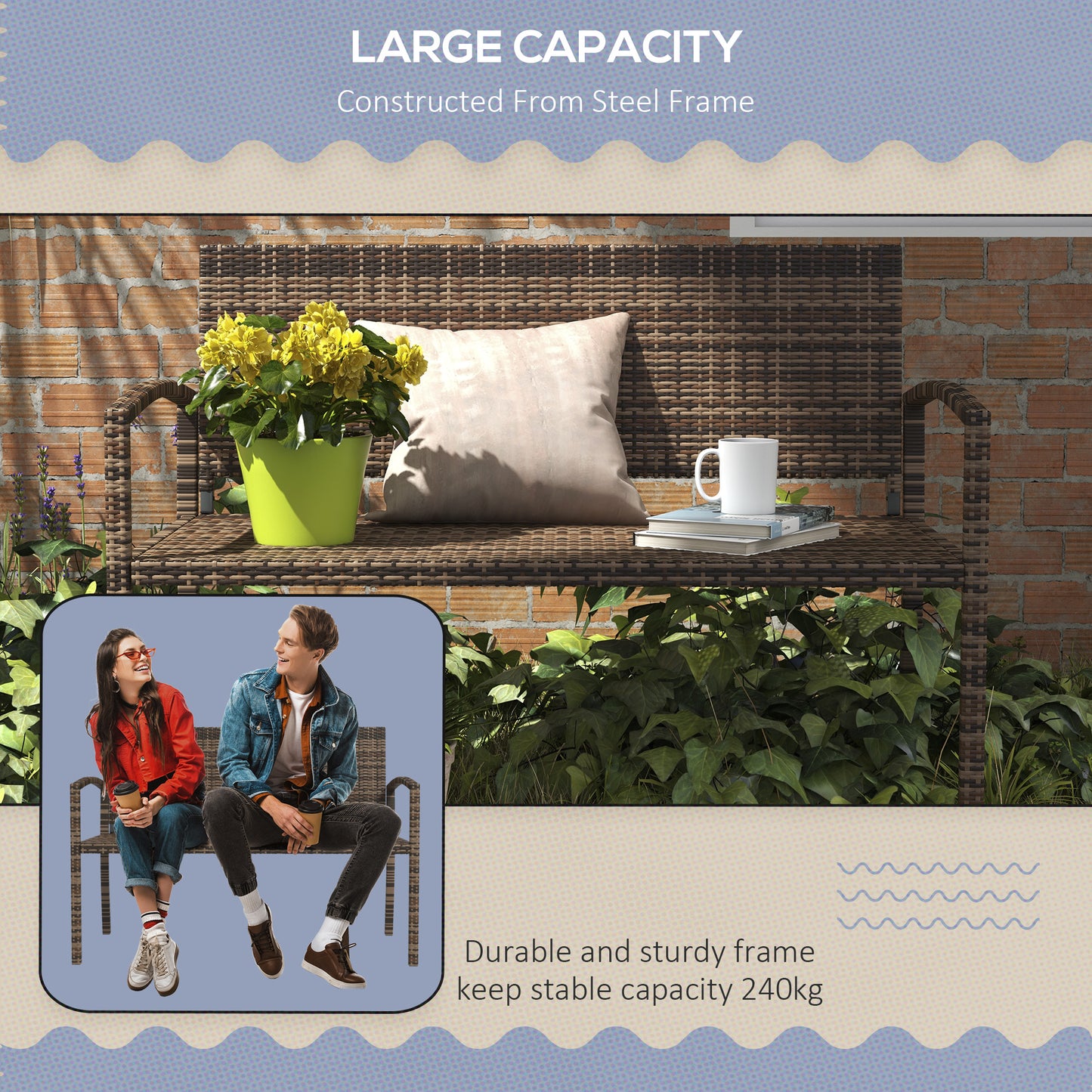 2 Seater Rattan Garden Bench Loveseat | High Back | Armrests | UV & Weather Resistant PE Wicker | Metal Frame | Foot Pads | 240kg | 122x60x85cm | Brown