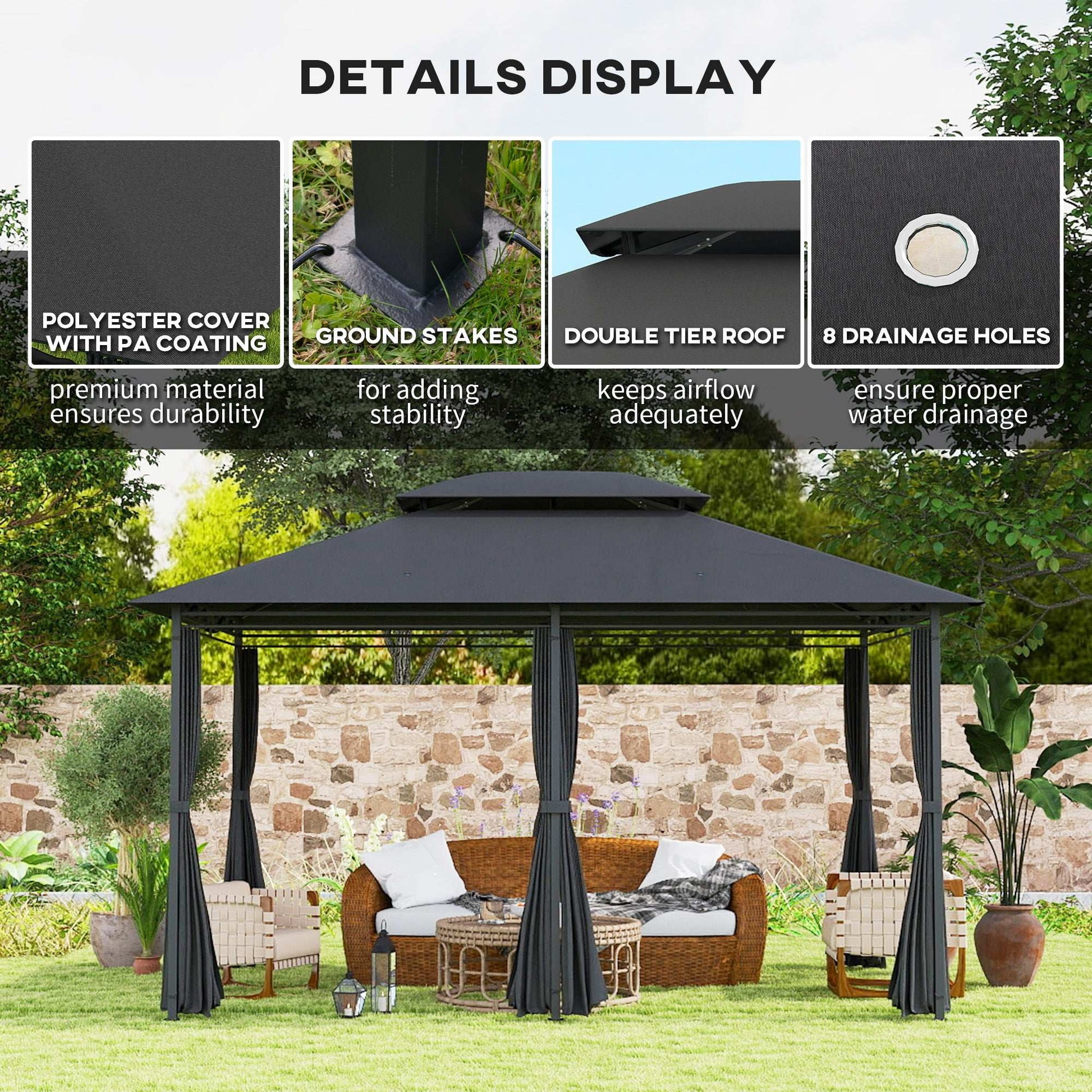 Outsunny 4m x 3(m)Garden Gazebo, Double Roof Outdoor Gazebo Canopy Shelter with Curtains, Solid Steel Frame for Patio, Garden, Black